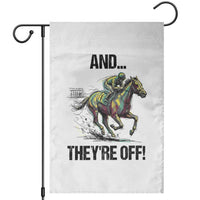 And They’re Off Colorful Horse Racing Sketch Garden Flag Jockey and Thoroughbred Sprinting Race Day