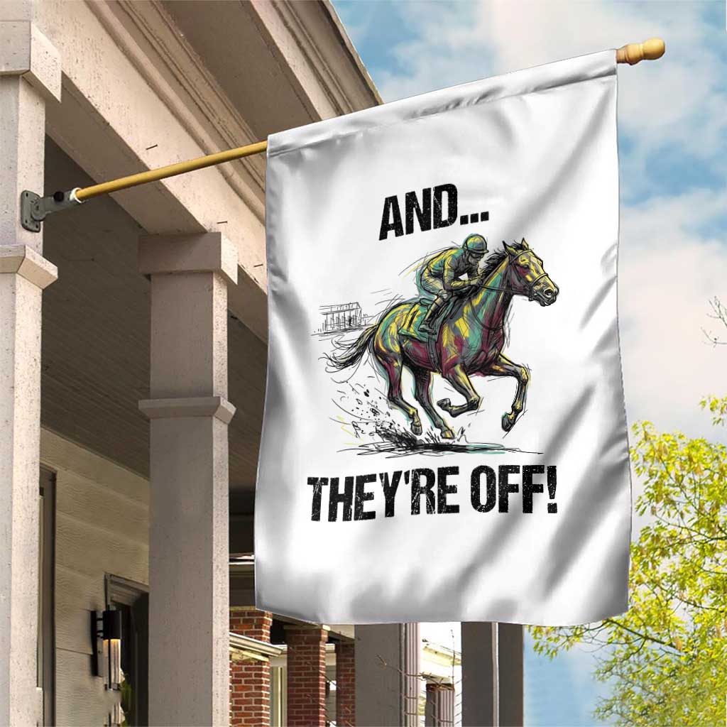 And They’re Off Colorful Horse Racing Sketch Garden Flag Jockey and Thoroughbred Sprinting Race Day