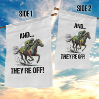 And They’re Off Colorful Horse Racing Sketch Garden Flag Jockey and Thoroughbred Sprinting Race Day