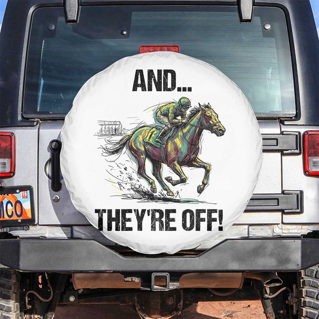 And They’re Off Colorful Horse Racing Sketch Spare Tire Cover Jockey and Thoroughbred Sprinting Race Day