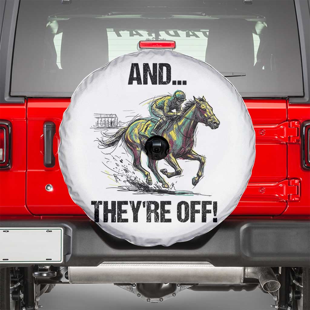 And They’re Off Colorful Horse Racing Sketch Spare Tire Cover Jockey and Thoroughbred Sprinting Race Day