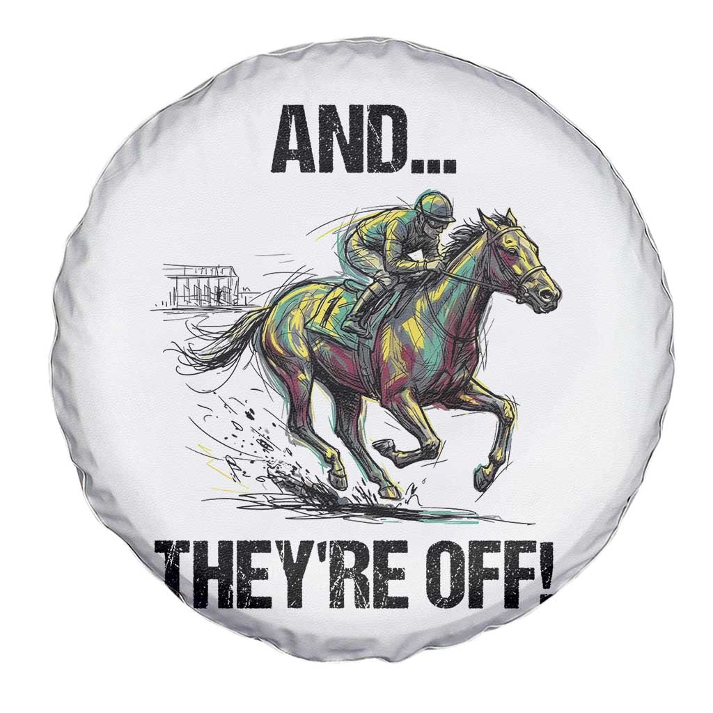 And They’re Off Colorful Horse Racing Sketch Spare Tire Cover Jockey and Thoroughbred Sprinting Race Day