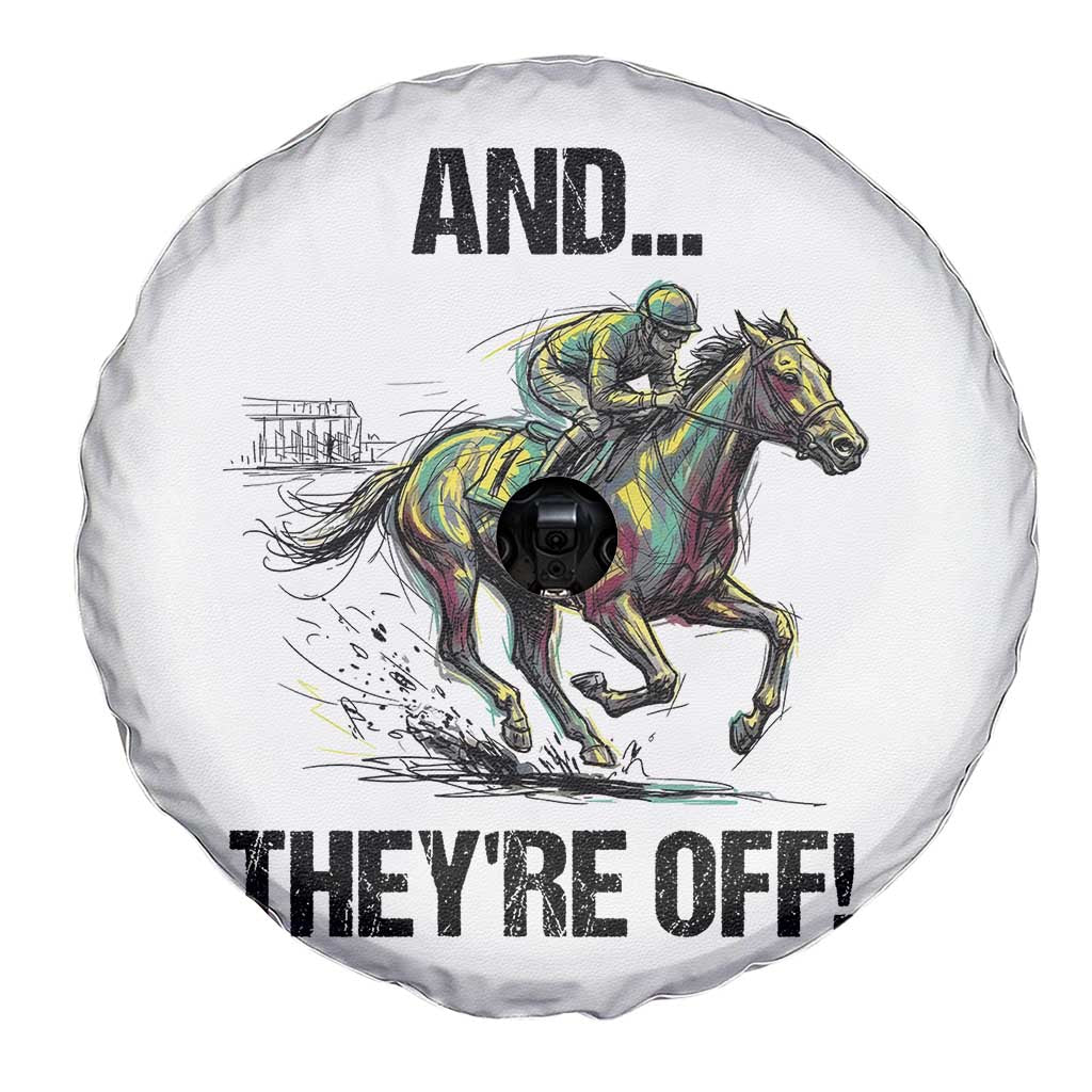And They’re Off Colorful Horse Racing Sketch Spare Tire Cover Jockey and Thoroughbred Sprinting Race Day