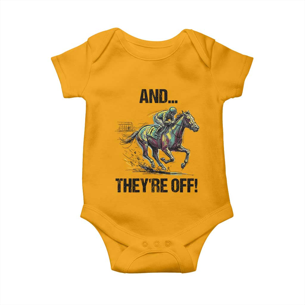 And They’re Off Colorful Horse Racing Sketch Baby Onesie Jockey and Thoroughbred Sprinting Race Day