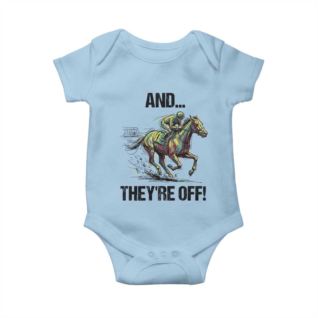 And They’re Off Colorful Horse Racing Sketch Baby Onesie Jockey and Thoroughbred Sprinting Race Day