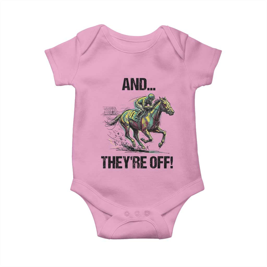 And They’re Off Colorful Horse Racing Sketch Baby Onesie Jockey and Thoroughbred Sprinting Race Day