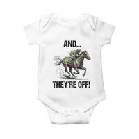 And They’re Off Colorful Horse Racing Sketch Baby Onesie Jockey and Thoroughbred Sprinting Race Day