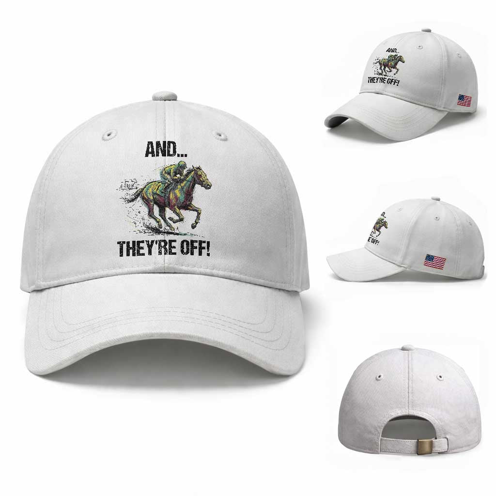 And They’re Off Colorful Horse Racing Sketch Baseball Cap Jockey and Thoroughbred Sprinting Race Day