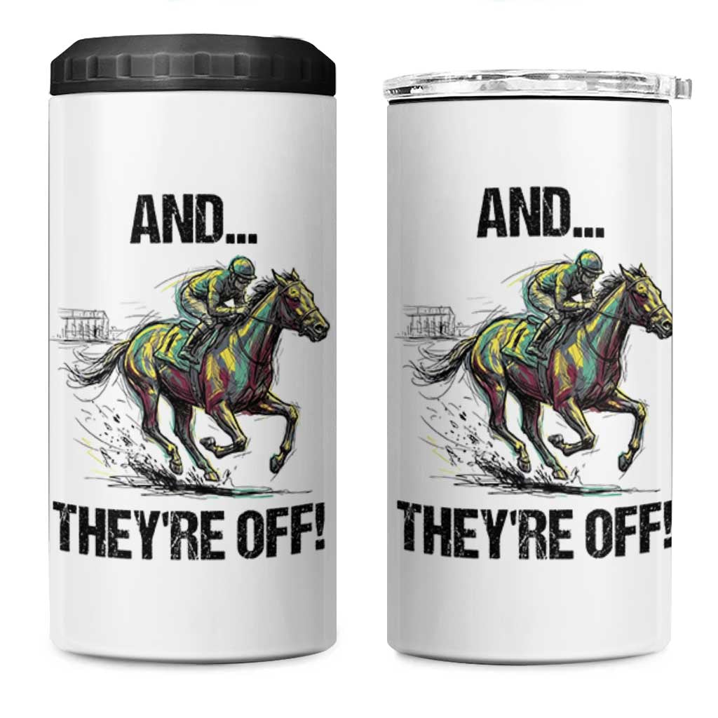 And They’re Off Colorful Horse Racing Sketch 4 in 1 Can Cooler Tumbler Jockey and Thoroughbred Sprinting Race Day
