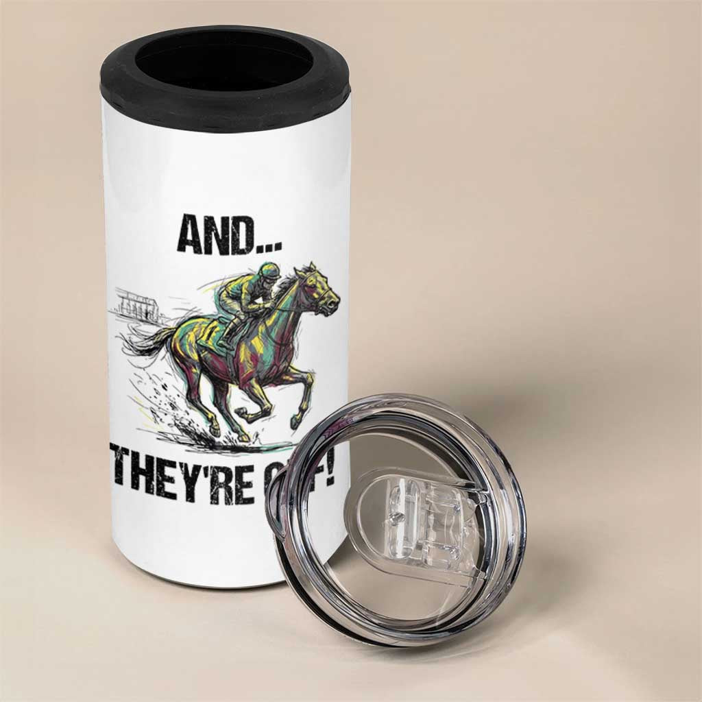 And They’re Off Colorful Horse Racing Sketch 4 in 1 Can Cooler Tumbler Jockey and Thoroughbred Sprinting Race Day