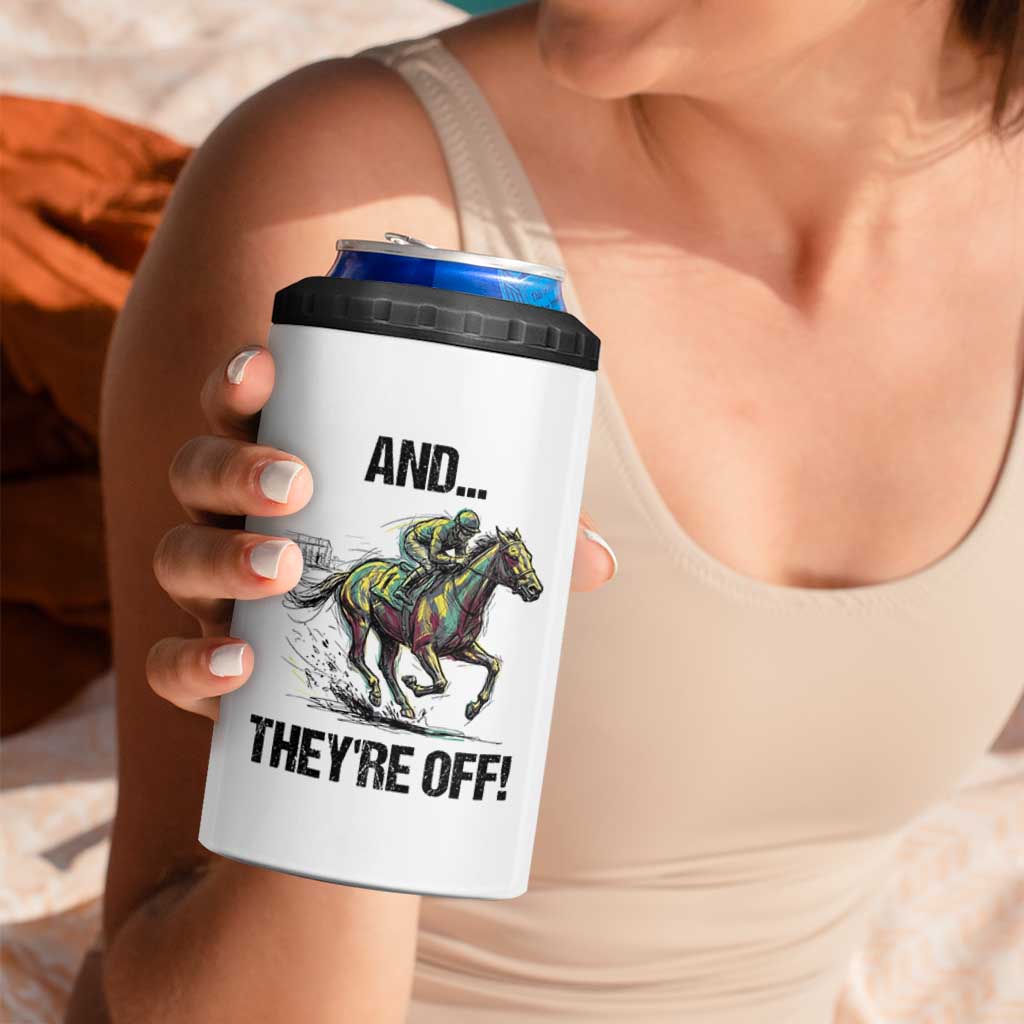 And They’re Off Colorful Horse Racing Sketch 4 in 1 Can Cooler Tumbler Jockey and Thoroughbred Sprinting Race Day