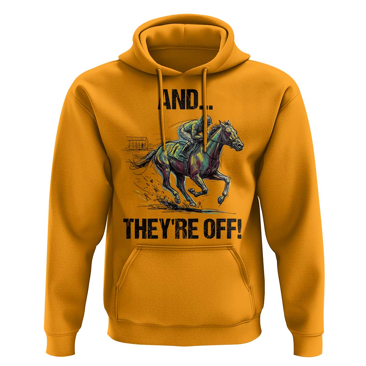 And They’re Off Colorful Horse Racing Sketch Hoodie Jockey and Thoroughbred Sprinting Race Day