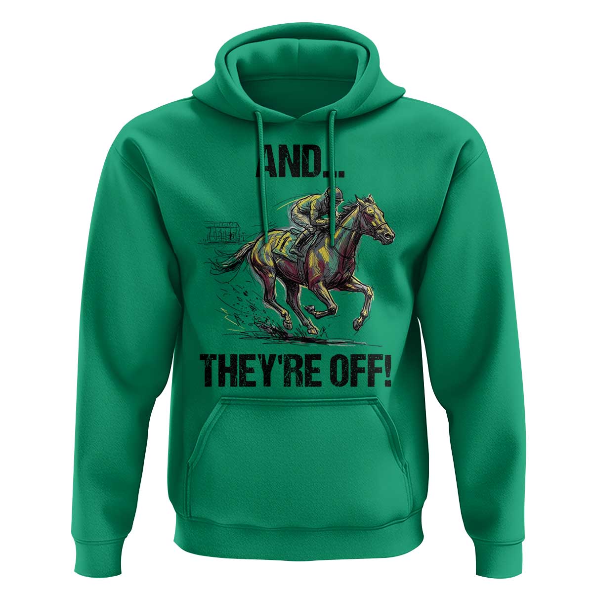 And They’re Off Colorful Horse Racing Sketch Hoodie Jockey and Thoroughbred Sprinting Race Day