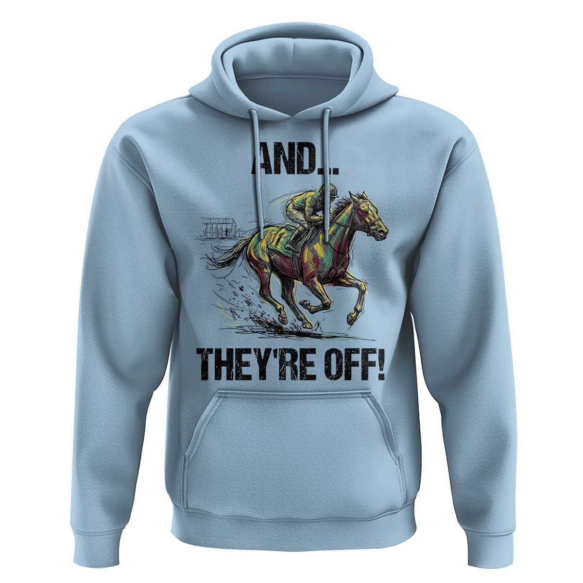 And They’re Off Colorful Horse Racing Sketch Hoodie Jockey and Thoroughbred Sprinting Race Day