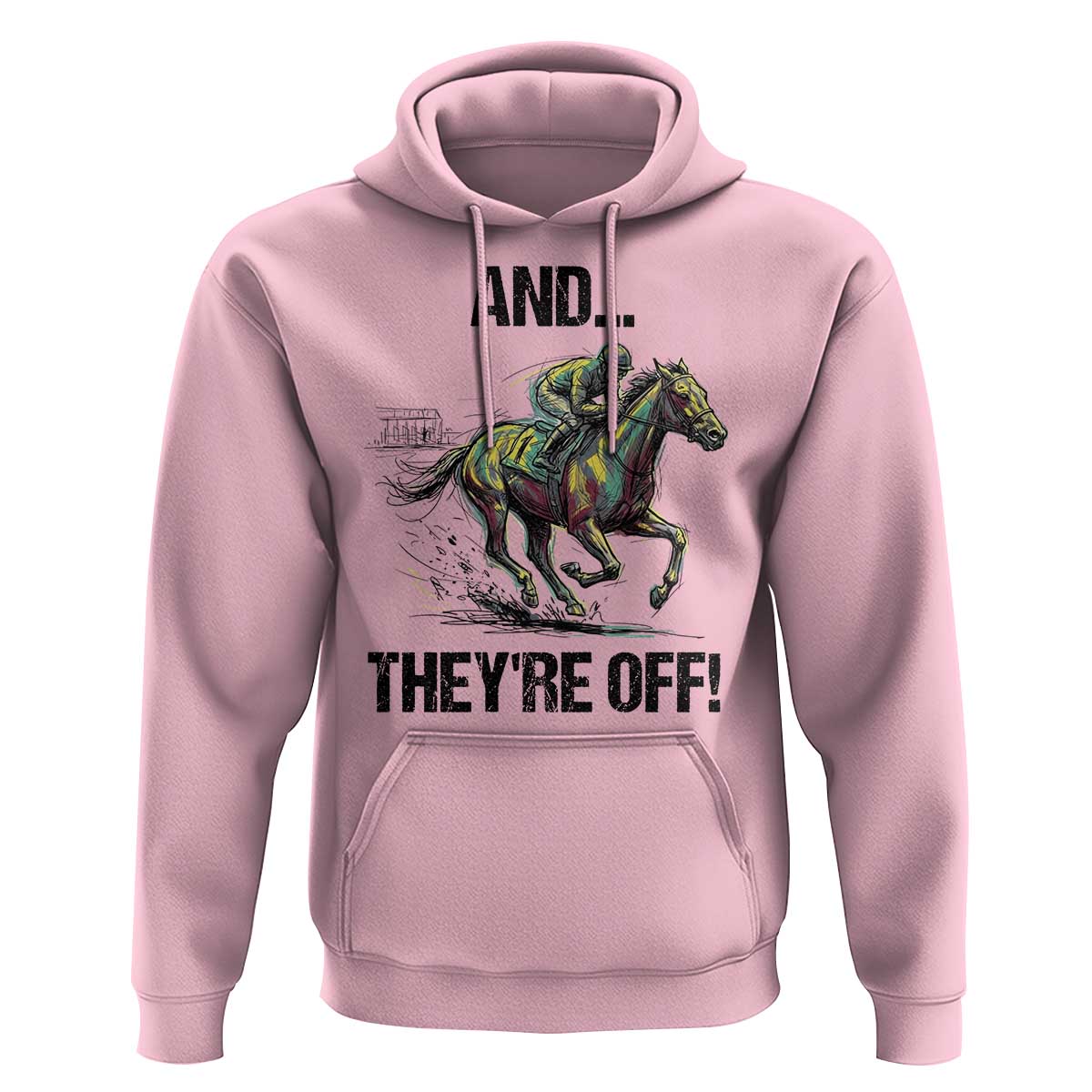 And They’re Off Colorful Horse Racing Sketch Hoodie Jockey and Thoroughbred Sprinting Race Day