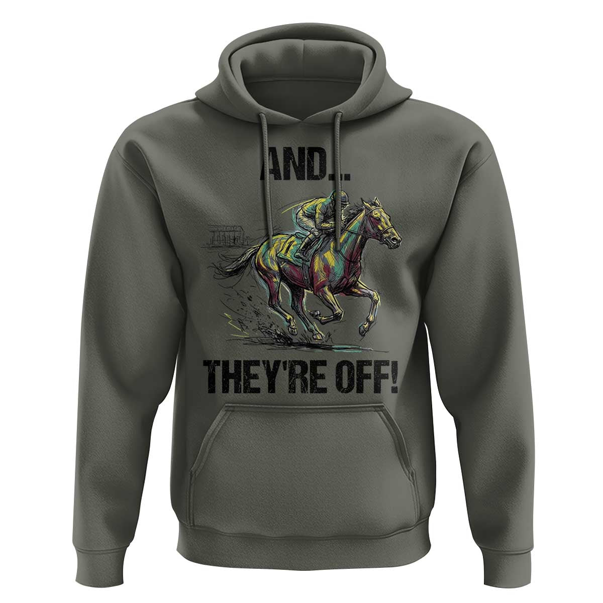And They’re Off Colorful Horse Racing Sketch Hoodie Jockey and Thoroughbred Sprinting Race Day