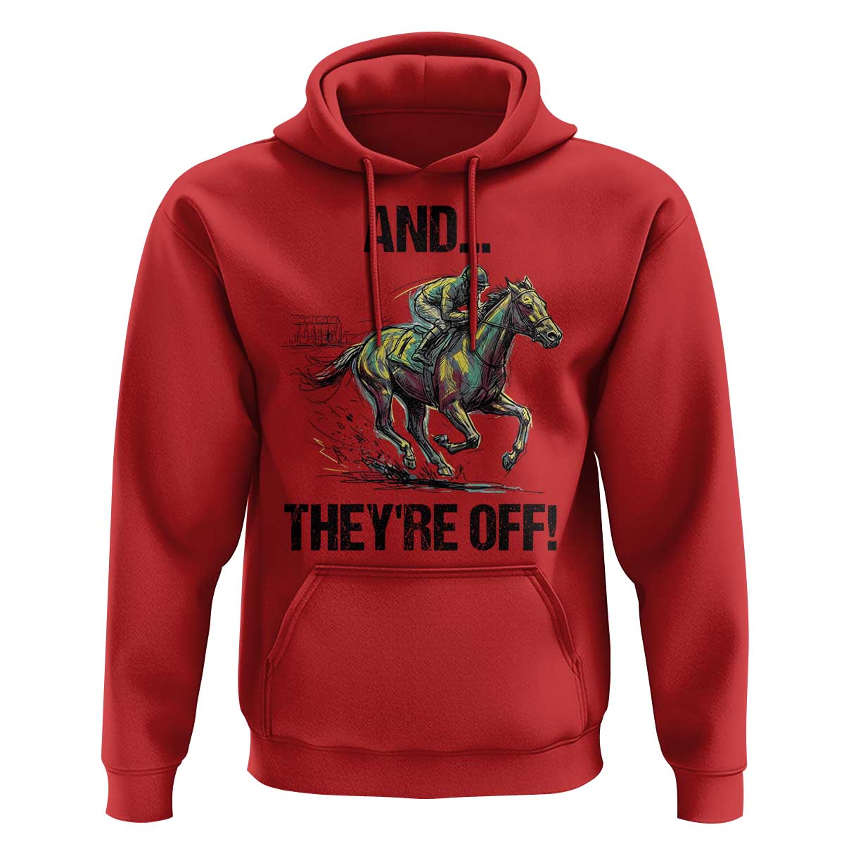 And They’re Off Colorful Horse Racing Sketch Hoodie Jockey and Thoroughbred Sprinting Race Day
