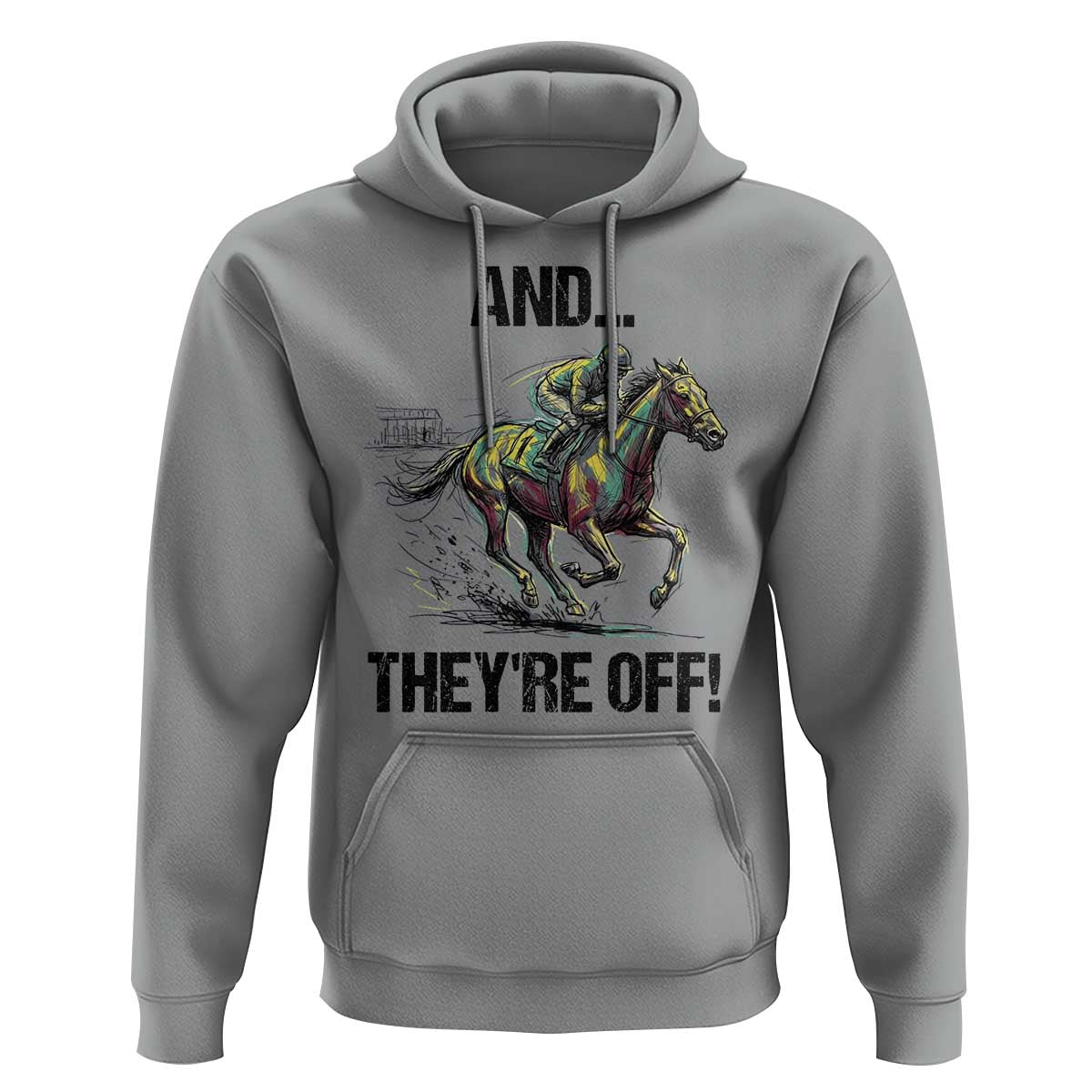And They’re Off Colorful Horse Racing Sketch Hoodie Jockey and Thoroughbred Sprinting Race Day