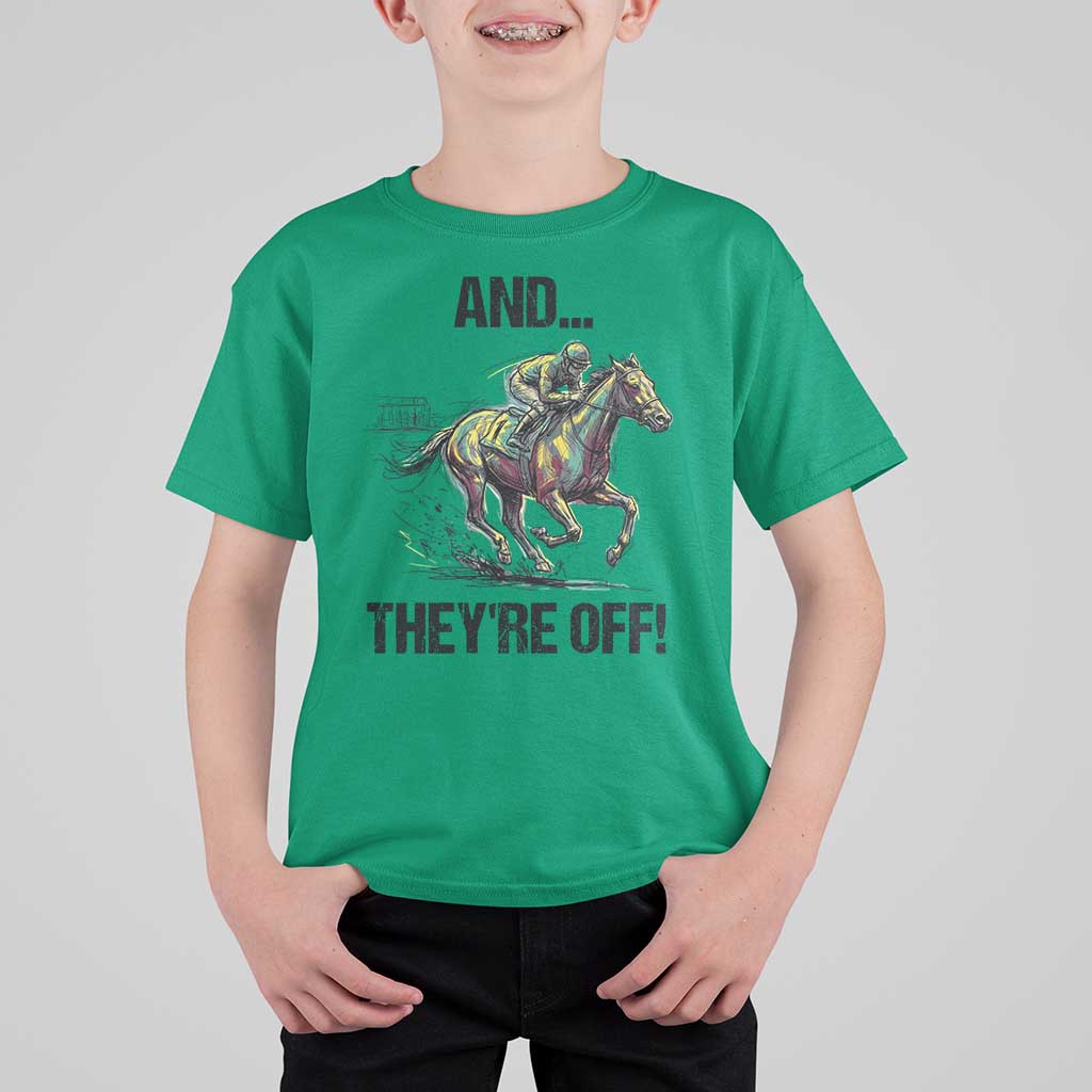 And They’re Off Colorful Horse Racing Sketch T Shirt For Kid Jockey and Thoroughbred Sprinting Race Day