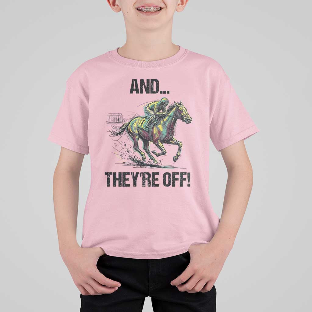 And They’re Off Colorful Horse Racing Sketch T Shirt For Kid Jockey and Thoroughbred Sprinting Race Day