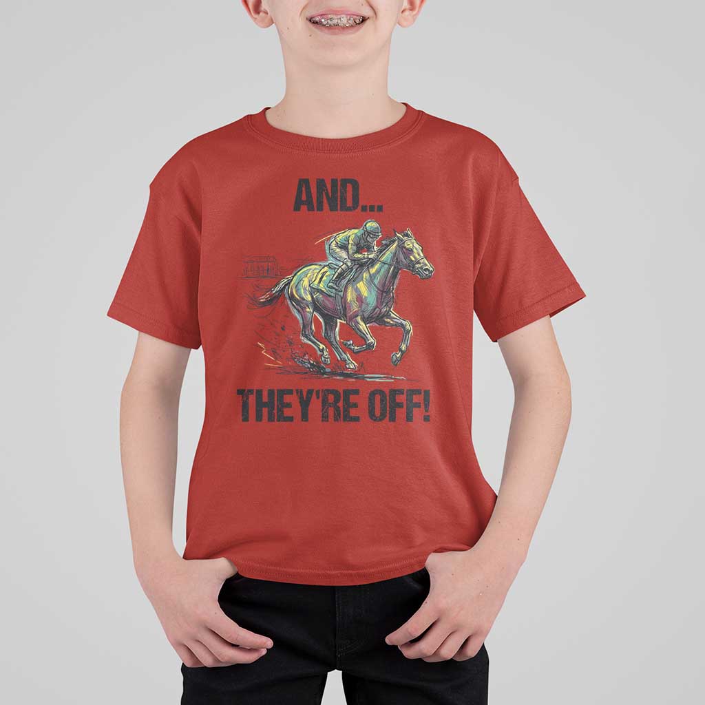 And They’re Off Colorful Horse Racing Sketch T Shirt For Kid Jockey and Thoroughbred Sprinting Race Day