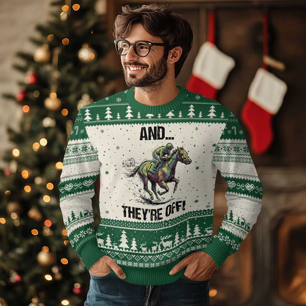 And They’re Off Colorful Horse Racing Sketch Ugly Christmas Sweater Jockey and Thoroughbred Sprinting Race Day