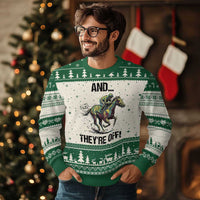 And They’re Off Colorful Horse Racing Sketch Ugly Christmas Sweater Jockey and Thoroughbred Sprinting Race Day