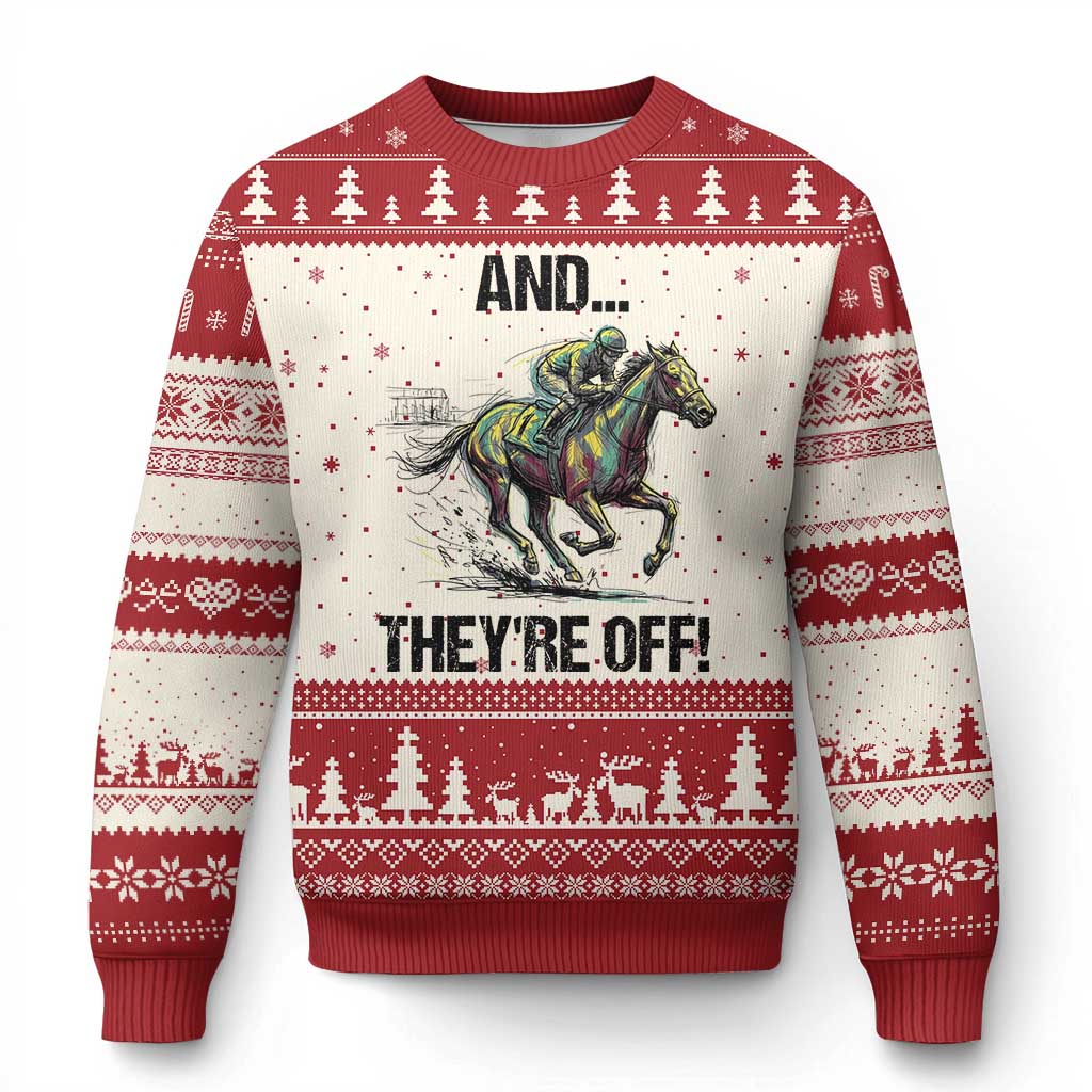 And They’re Off Colorful Horse Racing Sketch Ugly Christmas Sweater Jockey and Thoroughbred Sprinting Race Day