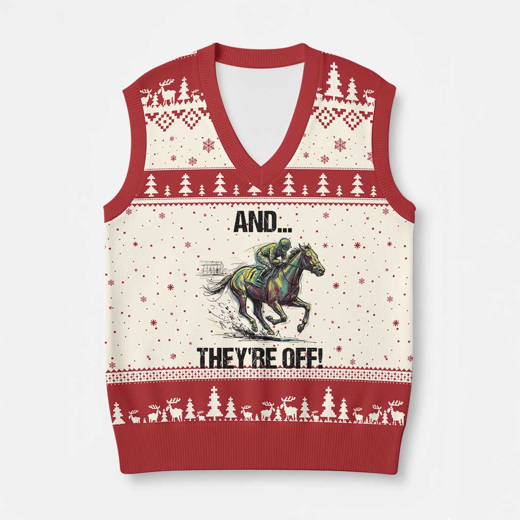 And They’re Off Colorful Horse Racing Sketch V-Neck Knit Sweater Vest Jockey and Thoroughbred Sprinting Race Day