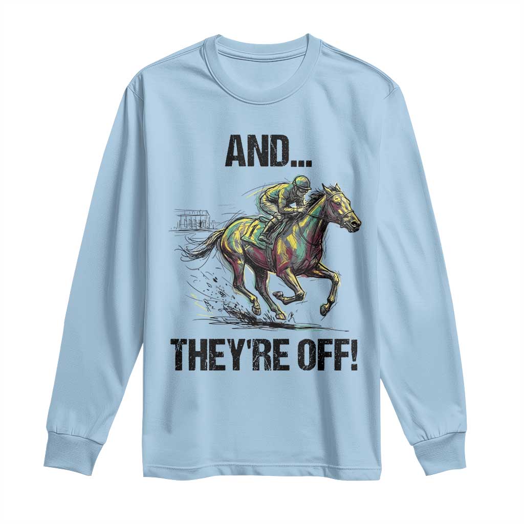 And They’re Off Colorful Horse Racing Sketch Long Sleeve Shirt Jockey and Thoroughbred Sprinting Race Day