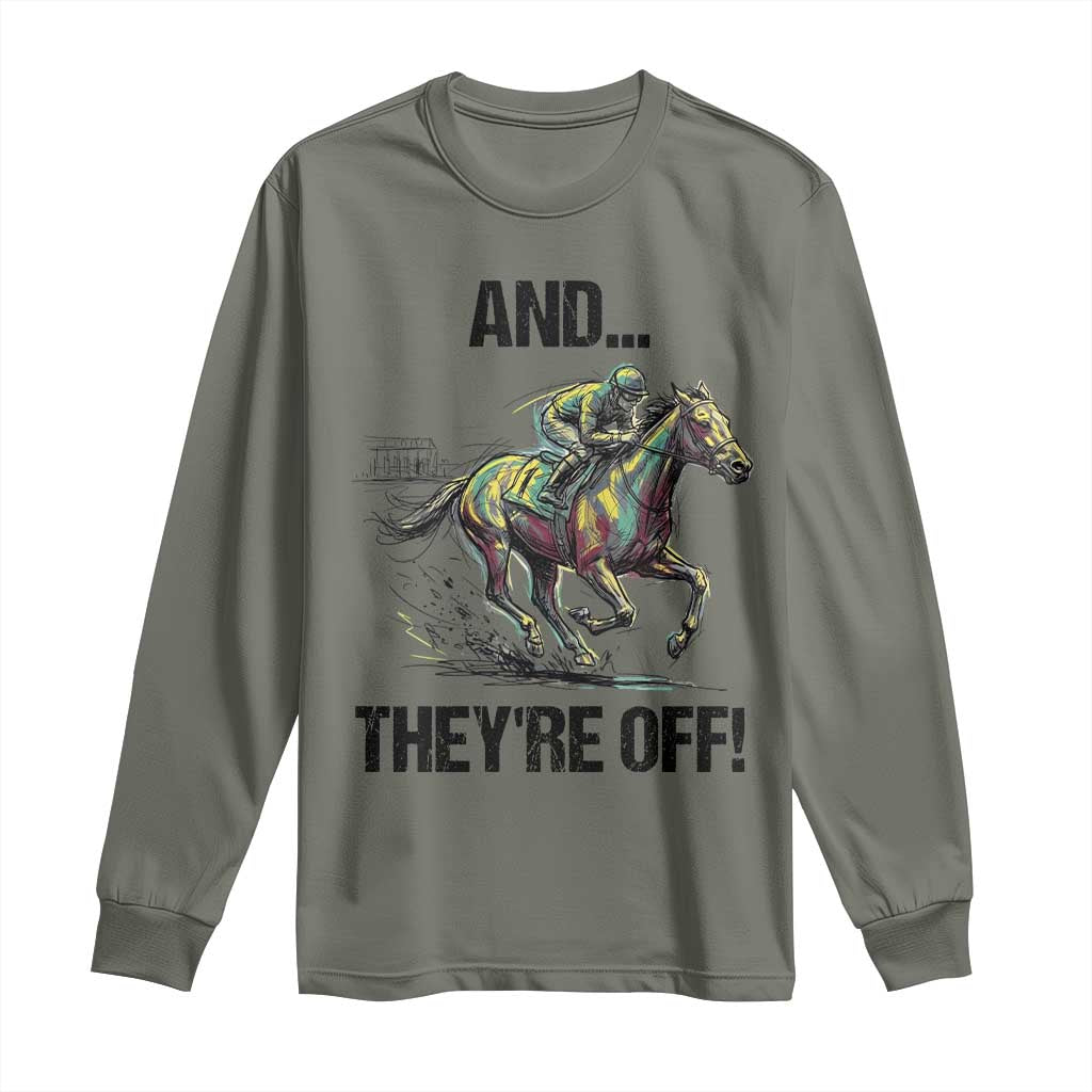 And They’re Off Colorful Horse Racing Sketch Long Sleeve Shirt Jockey and Thoroughbred Sprinting Race Day
