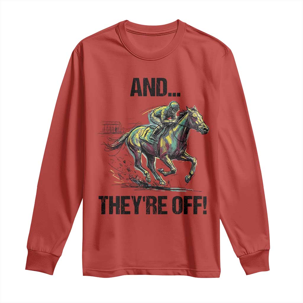 And They’re Off Colorful Horse Racing Sketch Long Sleeve Shirt Jockey and Thoroughbred Sprinting Race Day