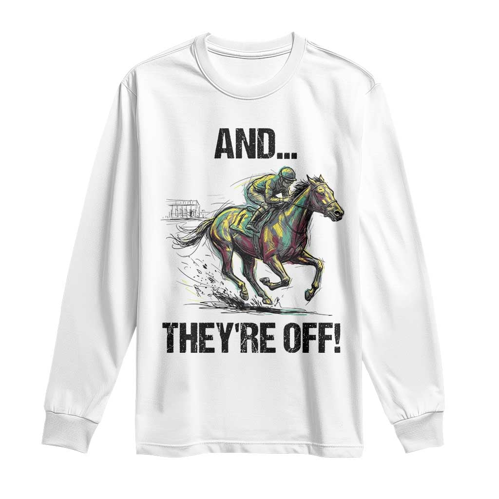 And They’re Off Colorful Horse Racing Sketch Long Sleeve Shirt Jockey and Thoroughbred Sprinting Race Day