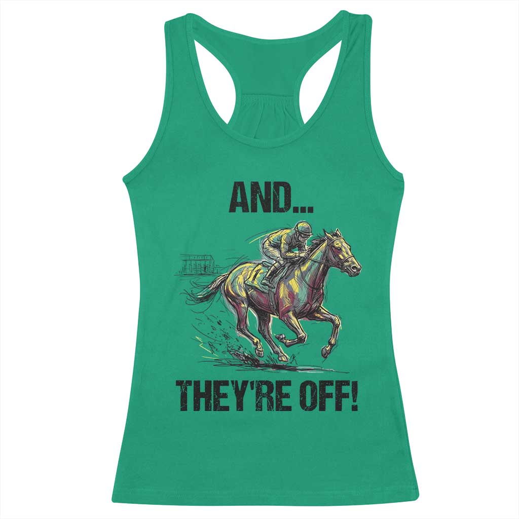 And They’re Off Colorful Horse Racing Sketch Racerback Tank Top Jockey and Thoroughbred Sprinting Race Day