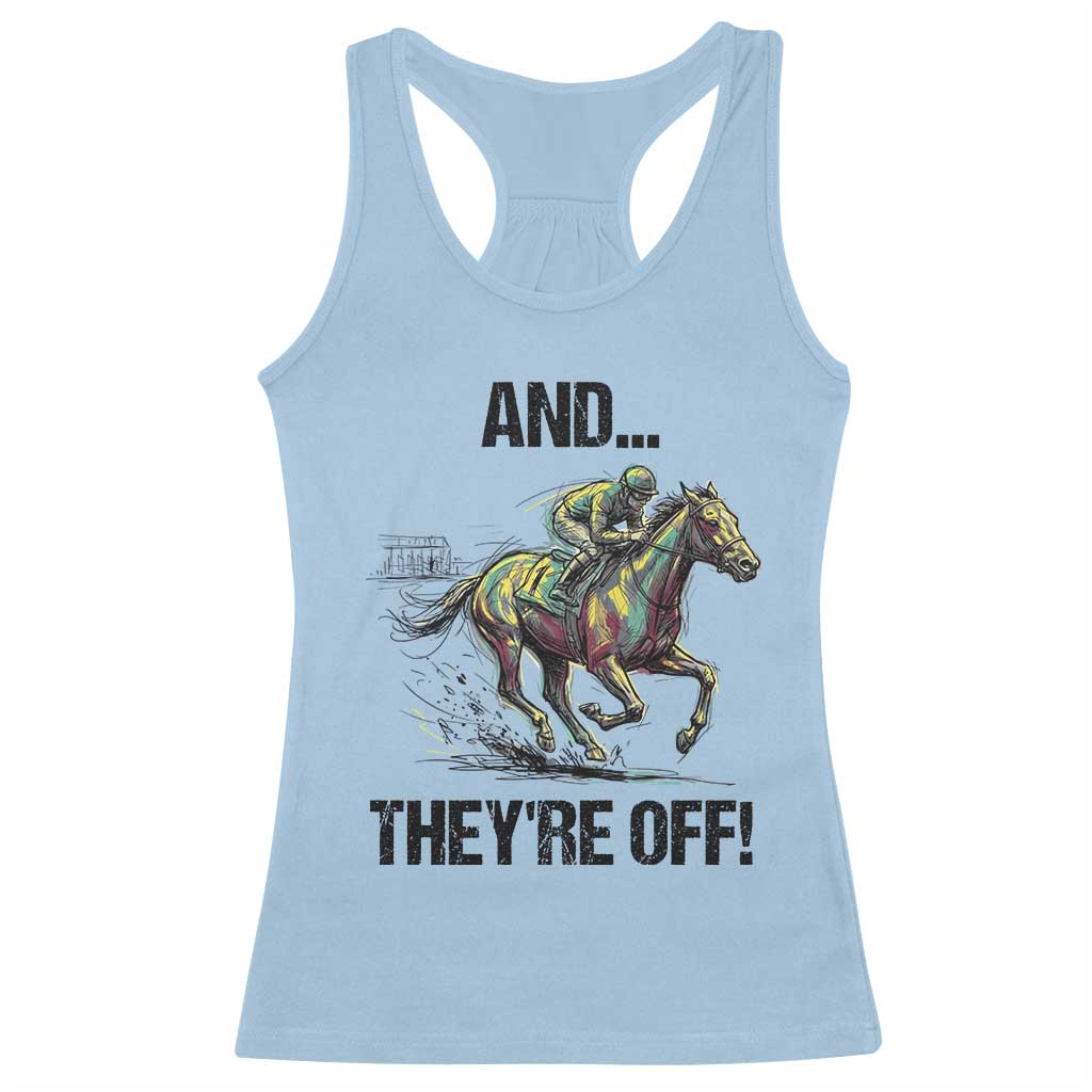 And They’re Off Colorful Horse Racing Sketch Racerback Tank Top Jockey and Thoroughbred Sprinting Race Day