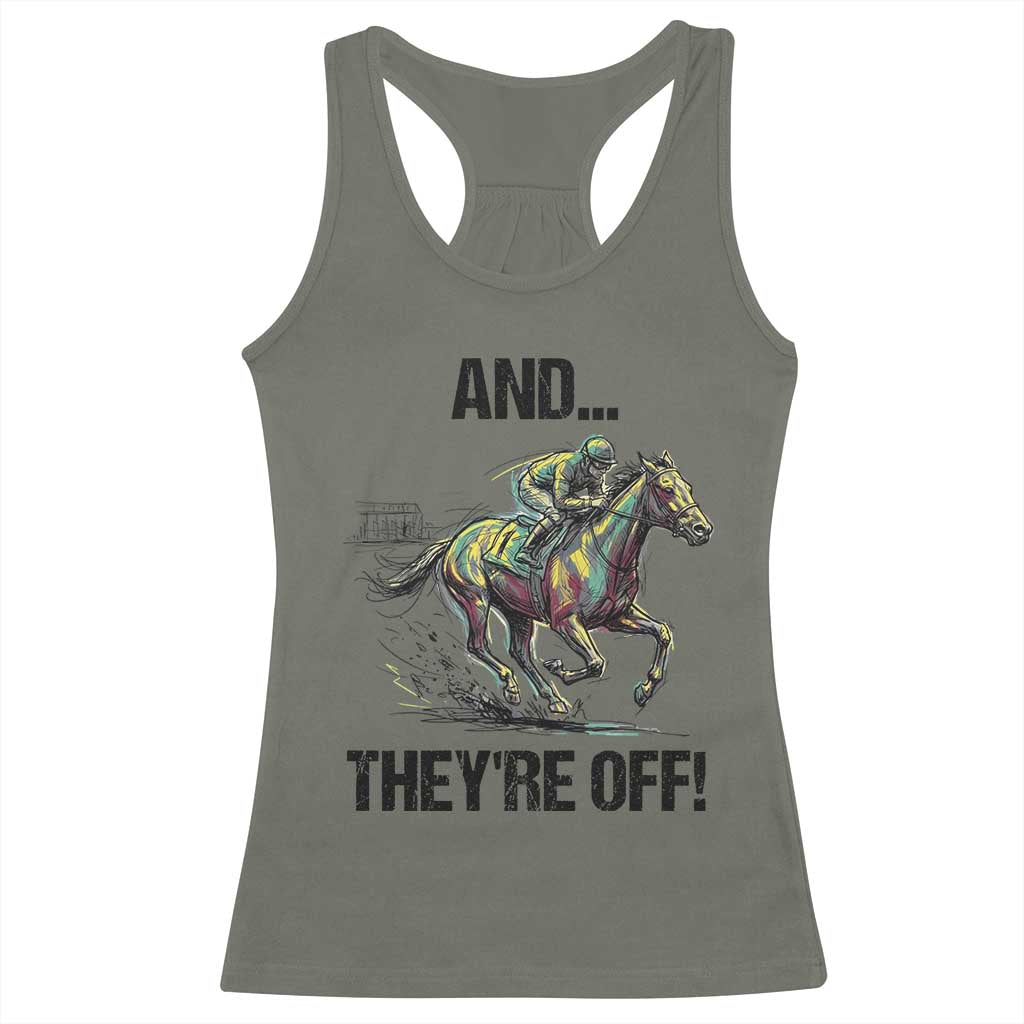 And They’re Off Colorful Horse Racing Sketch Racerback Tank Top Jockey and Thoroughbred Sprinting Race Day