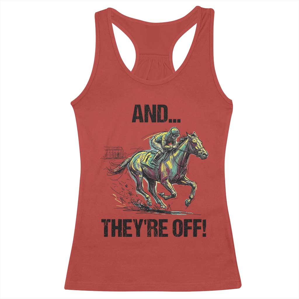 And They’re Off Colorful Horse Racing Sketch Racerback Tank Top Jockey and Thoroughbred Sprinting Race Day
