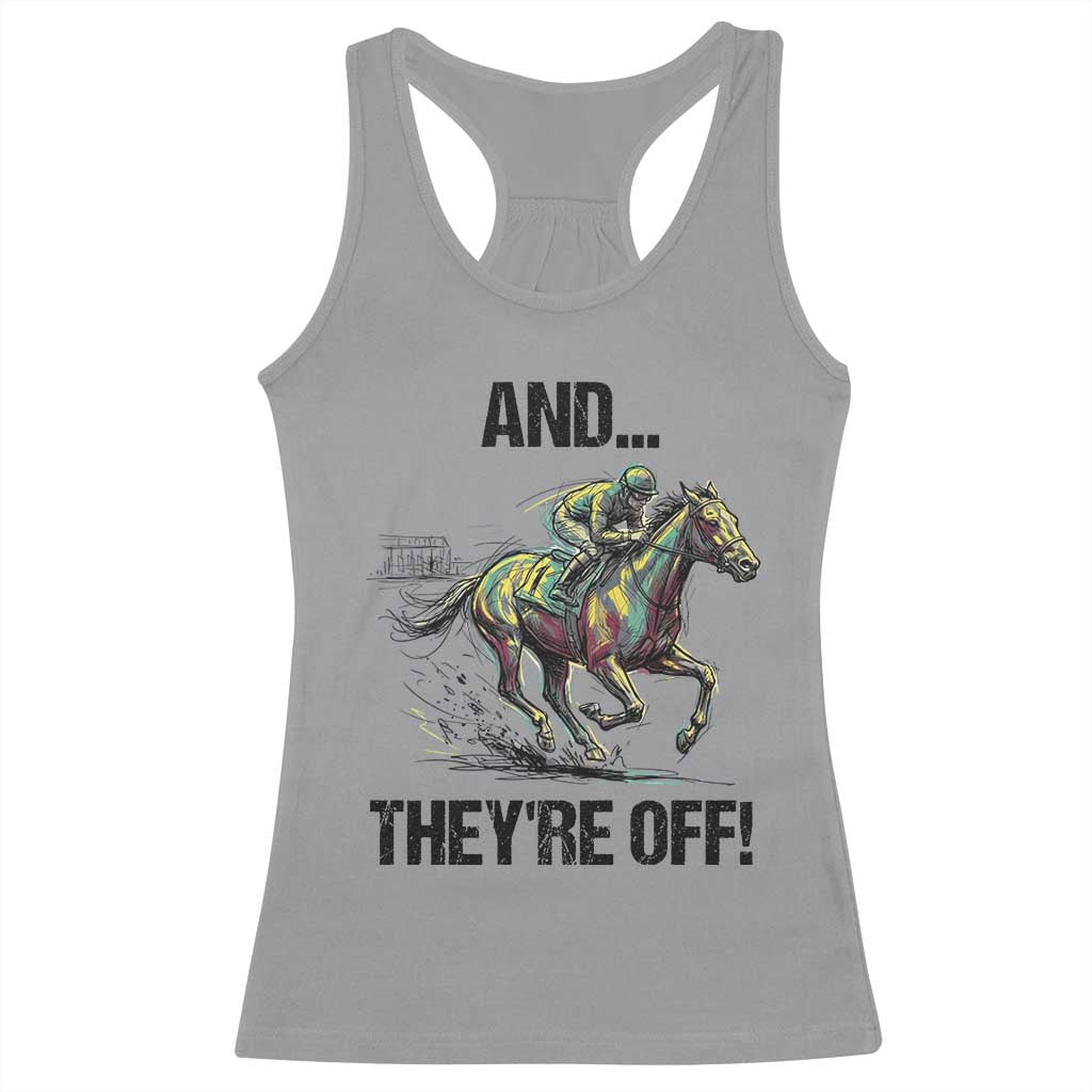 And They’re Off Colorful Horse Racing Sketch Racerback Tank Top Jockey and Thoroughbred Sprinting Race Day