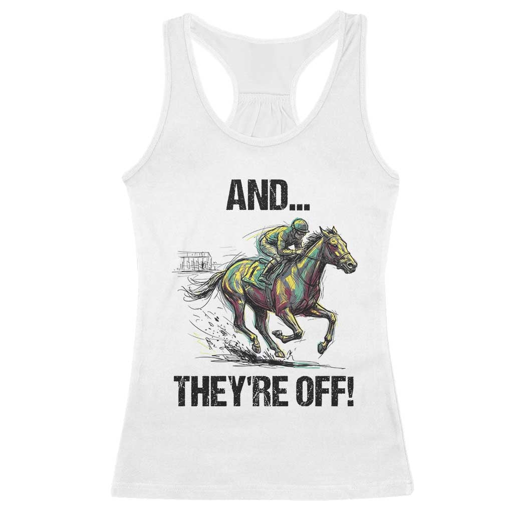 And They’re Off Colorful Horse Racing Sketch Racerback Tank Top Jockey and Thoroughbred Sprinting Race Day