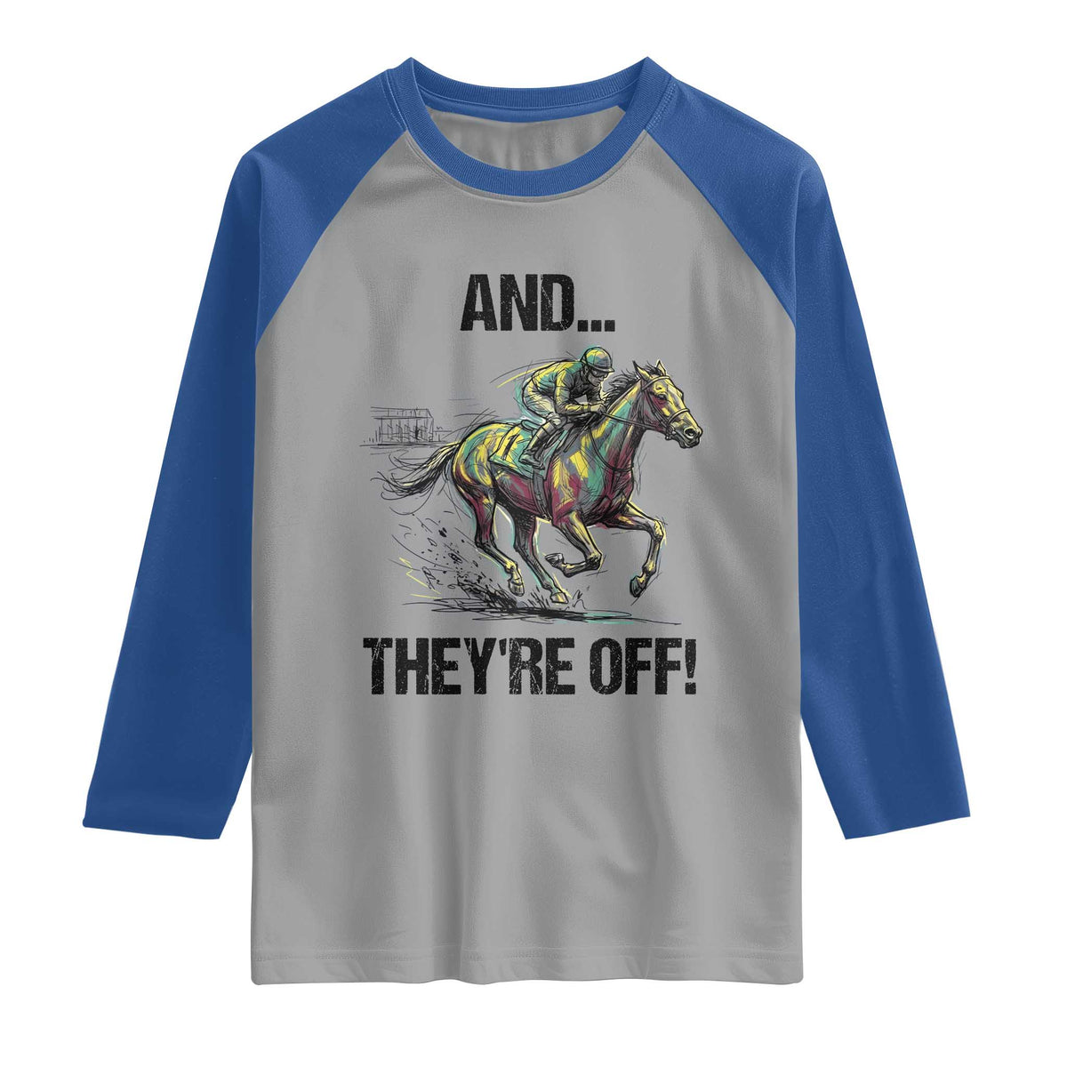 And They’re Off Colorful Horse Racing Sketch Raglan Shirt Jockey and Thoroughbred Sprinting Race Day