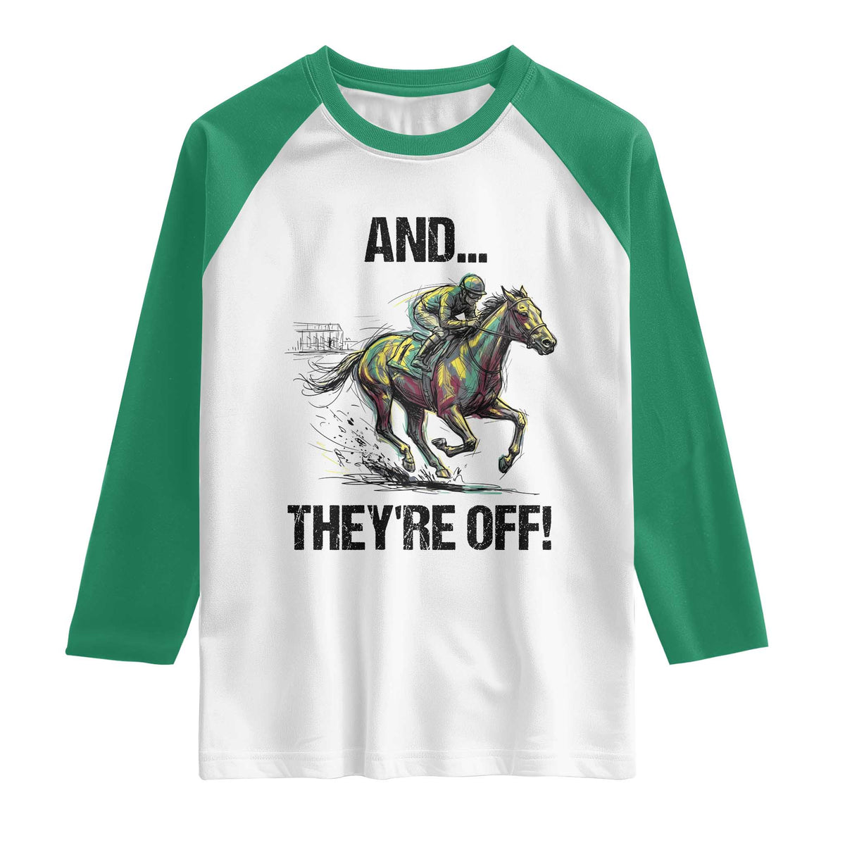 And They’re Off Colorful Horse Racing Sketch Raglan Shirt Jockey and Thoroughbred Sprinting Race Day