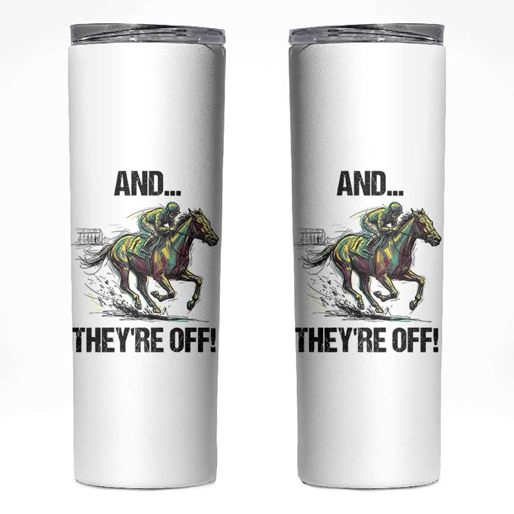 And They’re Off Colorful Horse Racing Sketch Skinny Tumbler Jockey and Thoroughbred Sprinting Race Day