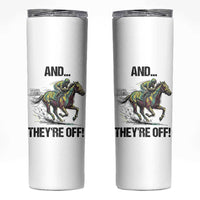 And They’re Off Colorful Horse Racing Sketch Skinny Tumbler Jockey and Thoroughbred Sprinting Race Day