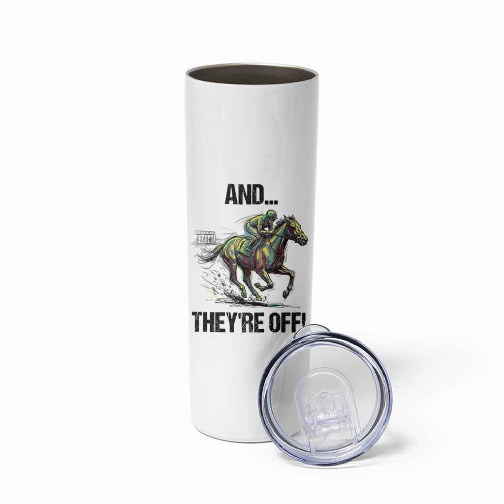 And They’re Off Colorful Horse Racing Sketch Skinny Tumbler Jockey and Thoroughbred Sprinting Race Day
