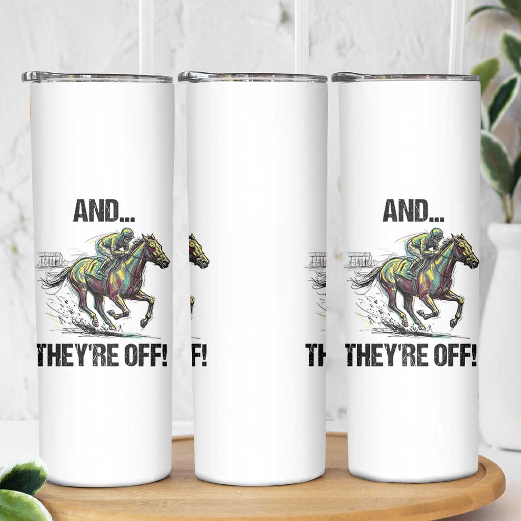 And They’re Off Colorful Horse Racing Sketch Skinny Tumbler Jockey and Thoroughbred Sprinting Race Day