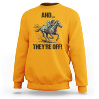 And They’re Off Colorful Horse Racing Sketch Sweatshirt Jockey and Thoroughbred Sprinting Race Day