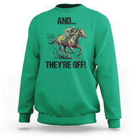 And They’re Off Colorful Horse Racing Sketch Sweatshirt Jockey and Thoroughbred Sprinting Race Day