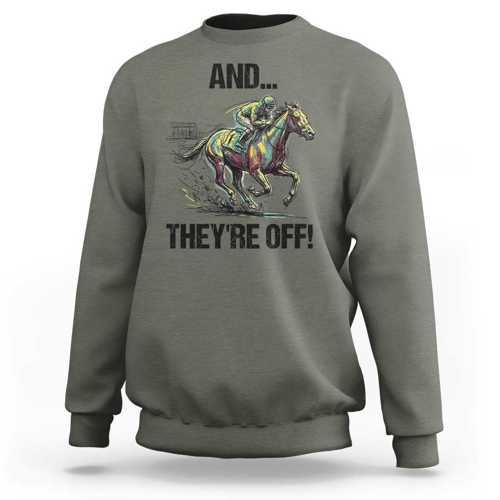And They’re Off Colorful Horse Racing Sketch Sweatshirt Jockey and Thoroughbred Sprinting Race Day