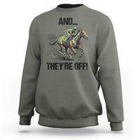 And They’re Off Colorful Horse Racing Sketch Sweatshirt Jockey and Thoroughbred Sprinting Race Day