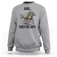 And They’re Off Colorful Horse Racing Sketch Sweatshirt Jockey and Thoroughbred Sprinting Race Day